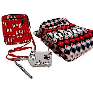 Vera Bradley Playful Penguins Red
& Gray Cozy Pants, Mini Hipster & Lug Tag Set